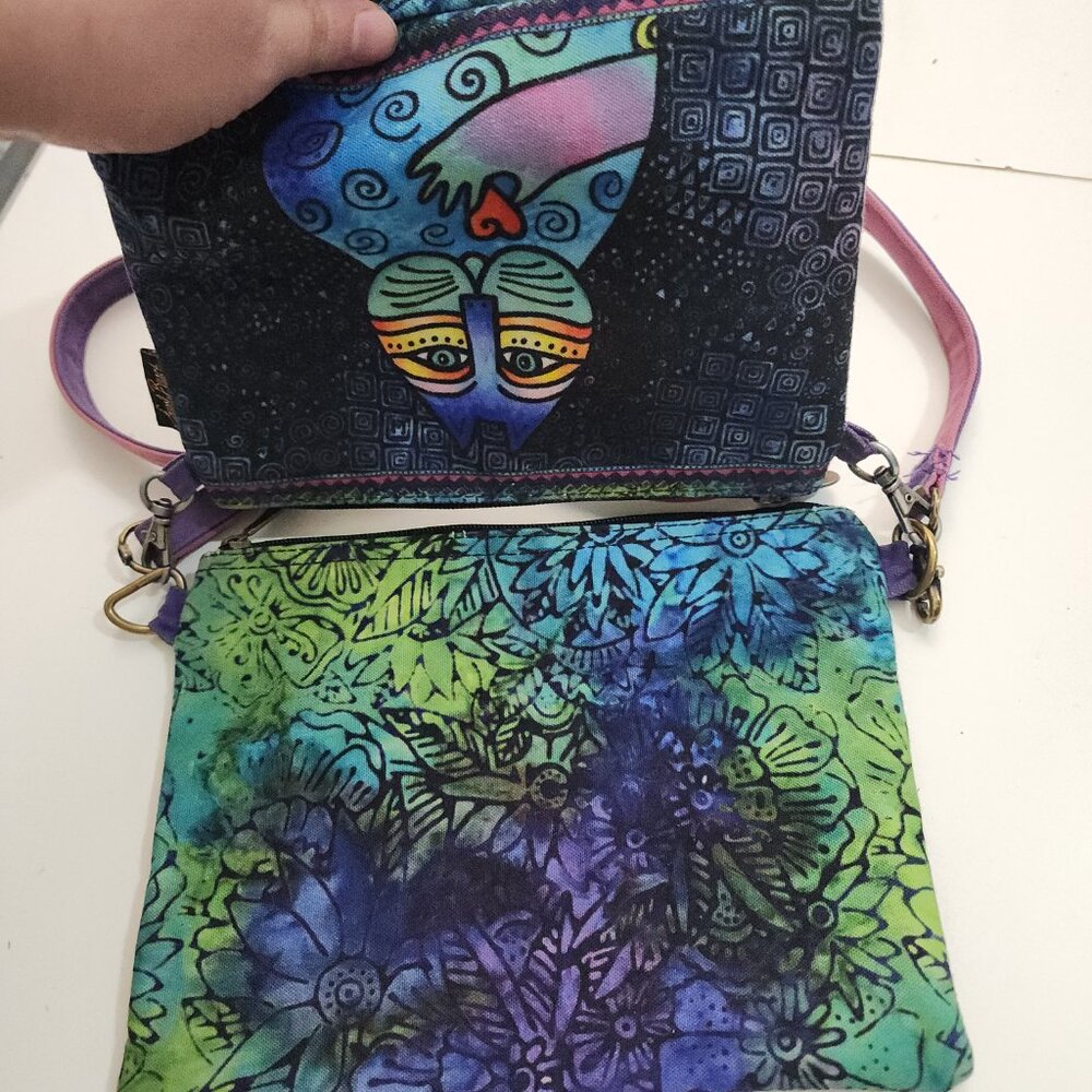 Laurel Burch "Wishing Love Cat" Canvas Crossbody Purse Blue and Green - Picture 6 of 10